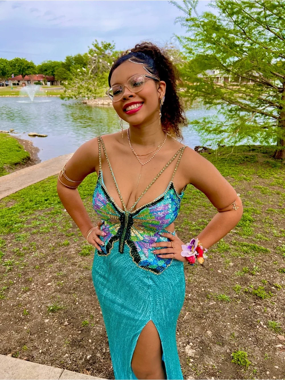 Sherri Hill Blue Iridescent Butterfly Bodice Evening Gown - Picture 8 of 9